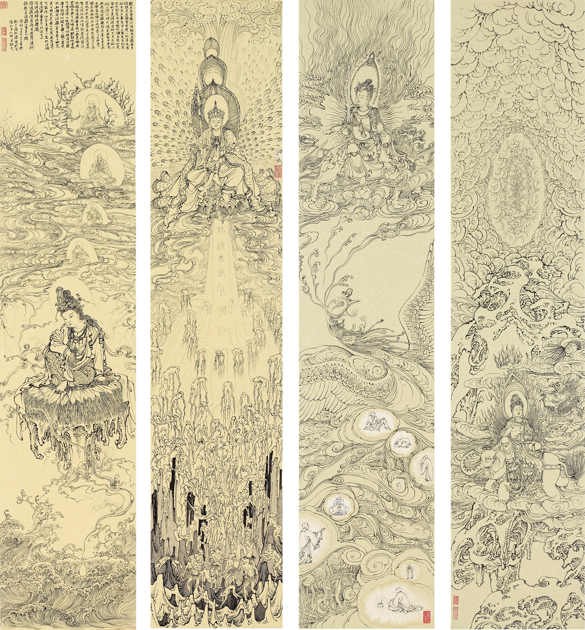 <h2>四大菩萨</h2><p>作者：廖松涛</p><p>创作年代：2023年</p><p>规格：32cm×7cm×4</p><p>品类：绢纹硬卡</p>